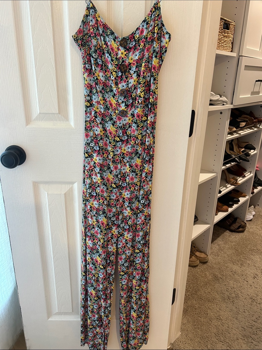 Mimi Chica Floral Button-Front Jumpsuit in Black, Pink, Yellow & Blue
